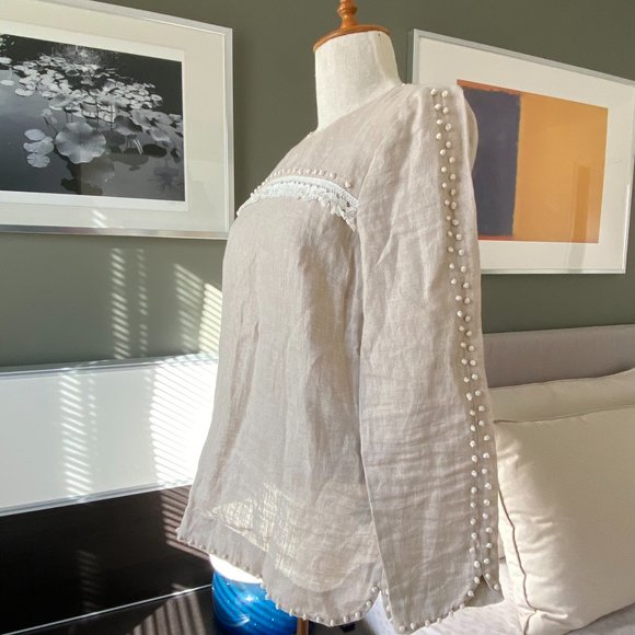 ♥ J. Crew Linen Beige Long Sleeved Blouse with Appliques Size 0     - D - Picture 2 of 9